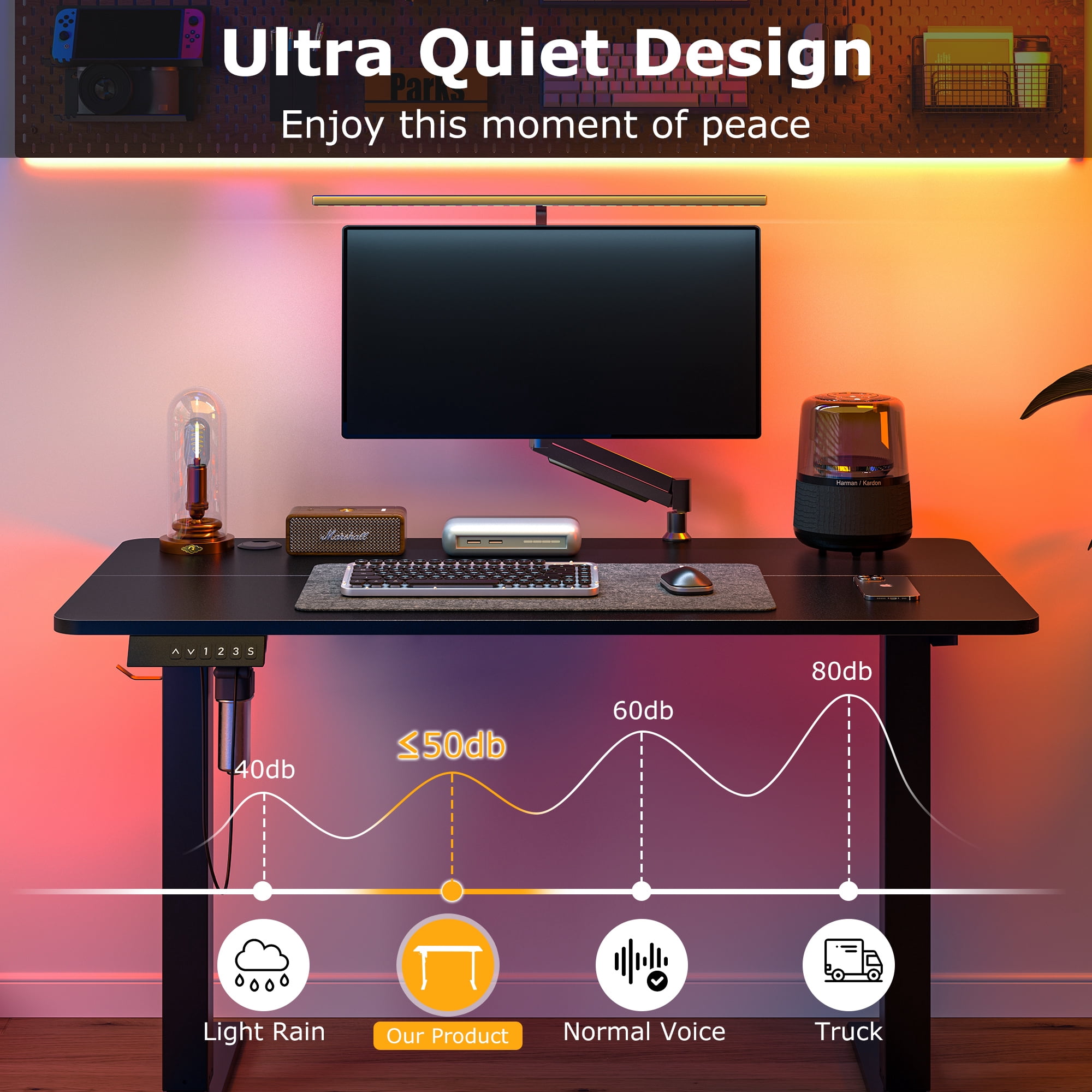 VECELO 27.7''-44.4''Height Electric Standing Desk Adjustable Height, Desk with Inteliigent Keypad, Modern Ergonomic Office Table with Hook and Wire Control, Black