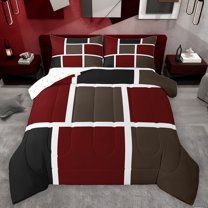 Feelyou Fashion Square Abstract Full Size Comforter Sets for Men, Red Brown Art Patchwork Bedding Comforter Set, Buffalo Plaid Reversible Bedding Sets, Microfiber Bedroom Decor, 3 Pieces