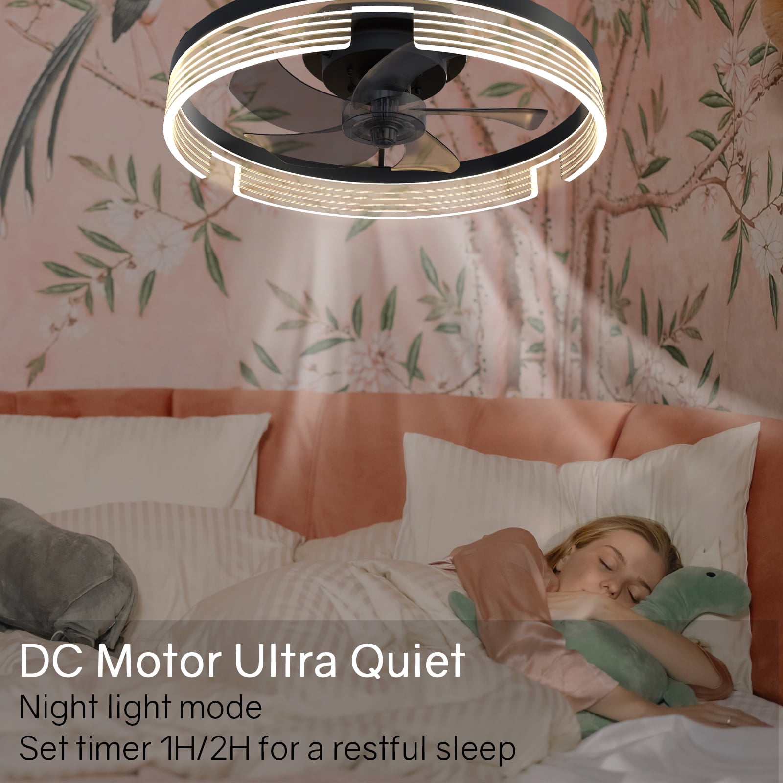 Surnie Black Ceiling Fan with Light-Modern Flush Mount Low Profile Ceiling Fans Timing Remote Control, Smart Small Enclosed Reversible Dimmable LED Lighting Fan for Indoor Bedroom Living Room Kitchen