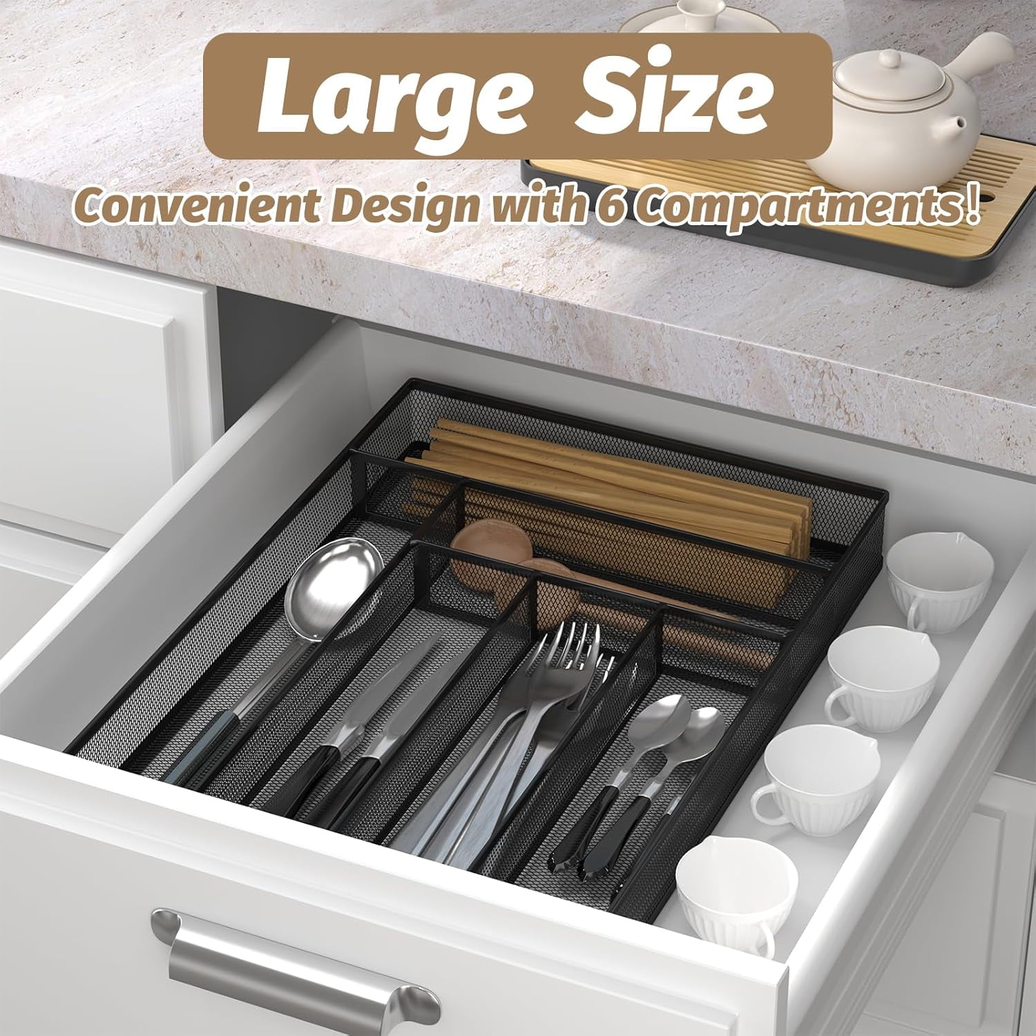 Silverware Organizer Metal Mesh, Large Drawer Organizer, Utensil Cutlery Tray for kitchen drawers, Flatware with 6 Compartment, Black (11.3”*16“)