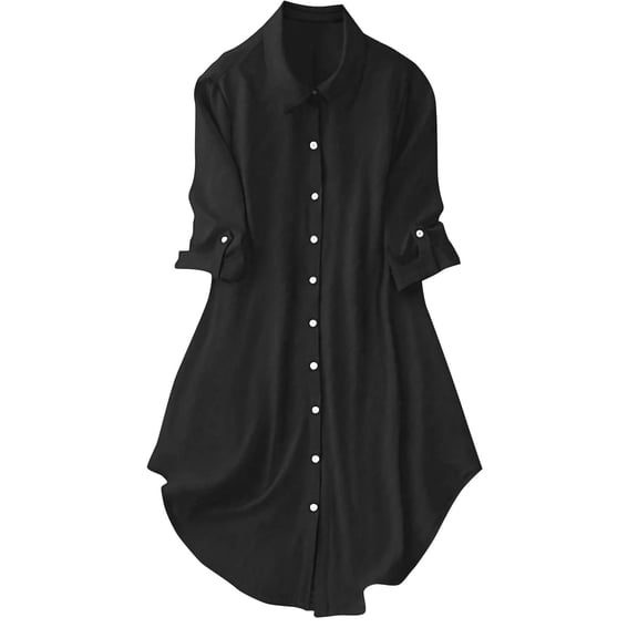 Enjoytime 3/4 Sleeve Tops for Women Solid Color Lapel Business Casual Long Blouses Fall Winter Fashion Work Womens Button Down Shirt Black M