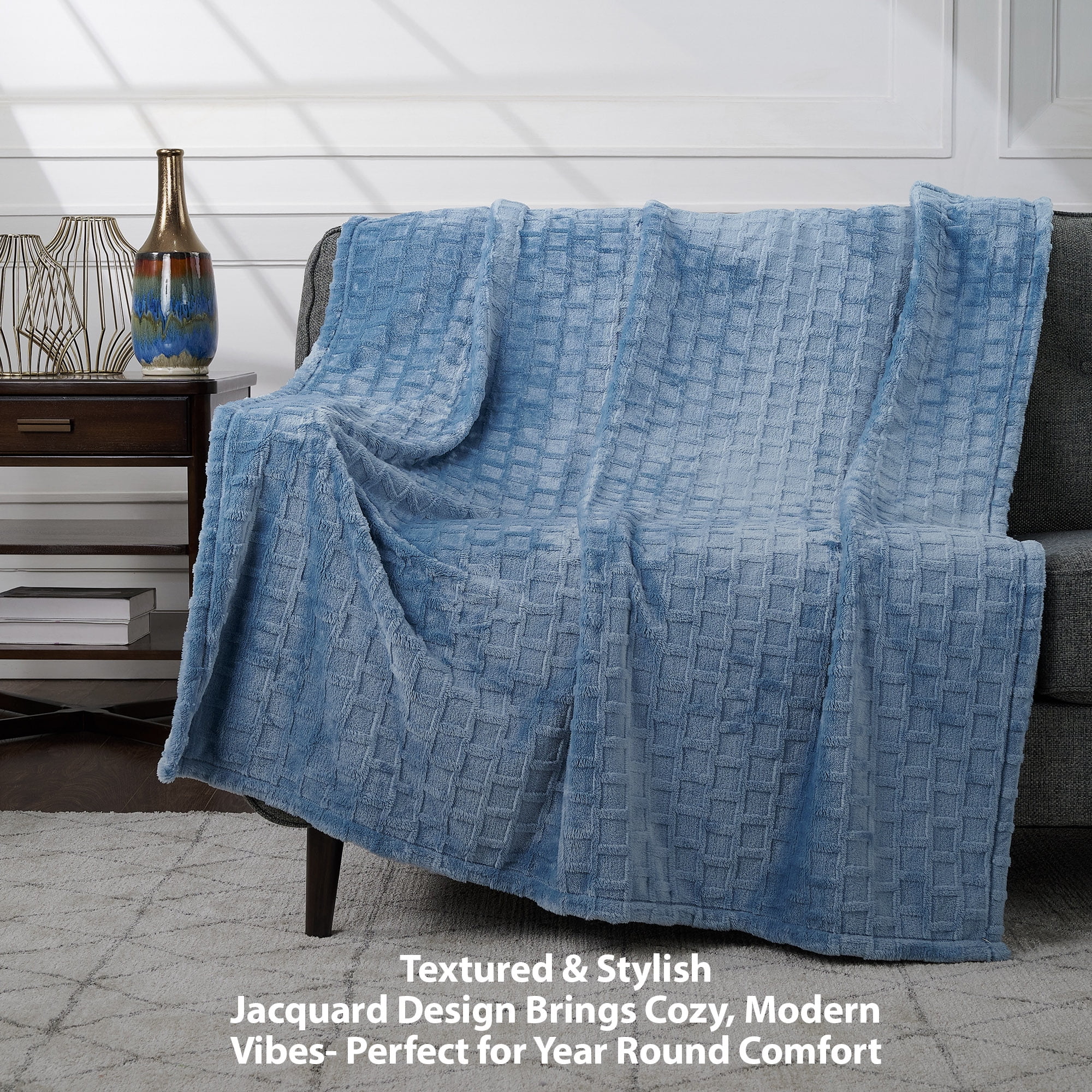CBCHome Velvet Plush Jacquard Tile Throw Blanket for Couch - Buttery Soft, Cozy Throw, Cute Gifts for Women (Ashley Blue, 50" x 60")