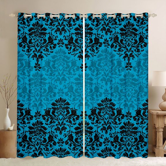 Manfei Retro bohemian Flowers Blackout Curtains Set of 2 (52x84 Each),Rustic Victorian Floral Window Curtains,Blue Black Damask Curtains and Drapes For Girls Boys,Super Cozy Room Decor