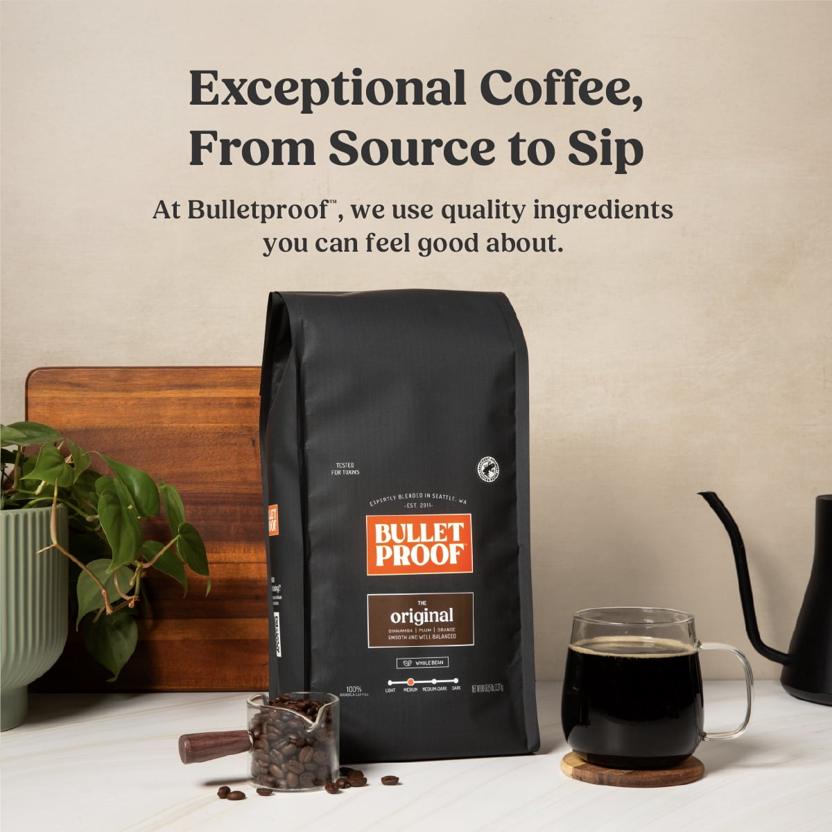 Bulletproof Original Medium Roast Whole Bean Coffee, 5 Pounds (bulk), 100% Arabica Beans, Clean Coffee Tested for Toxins