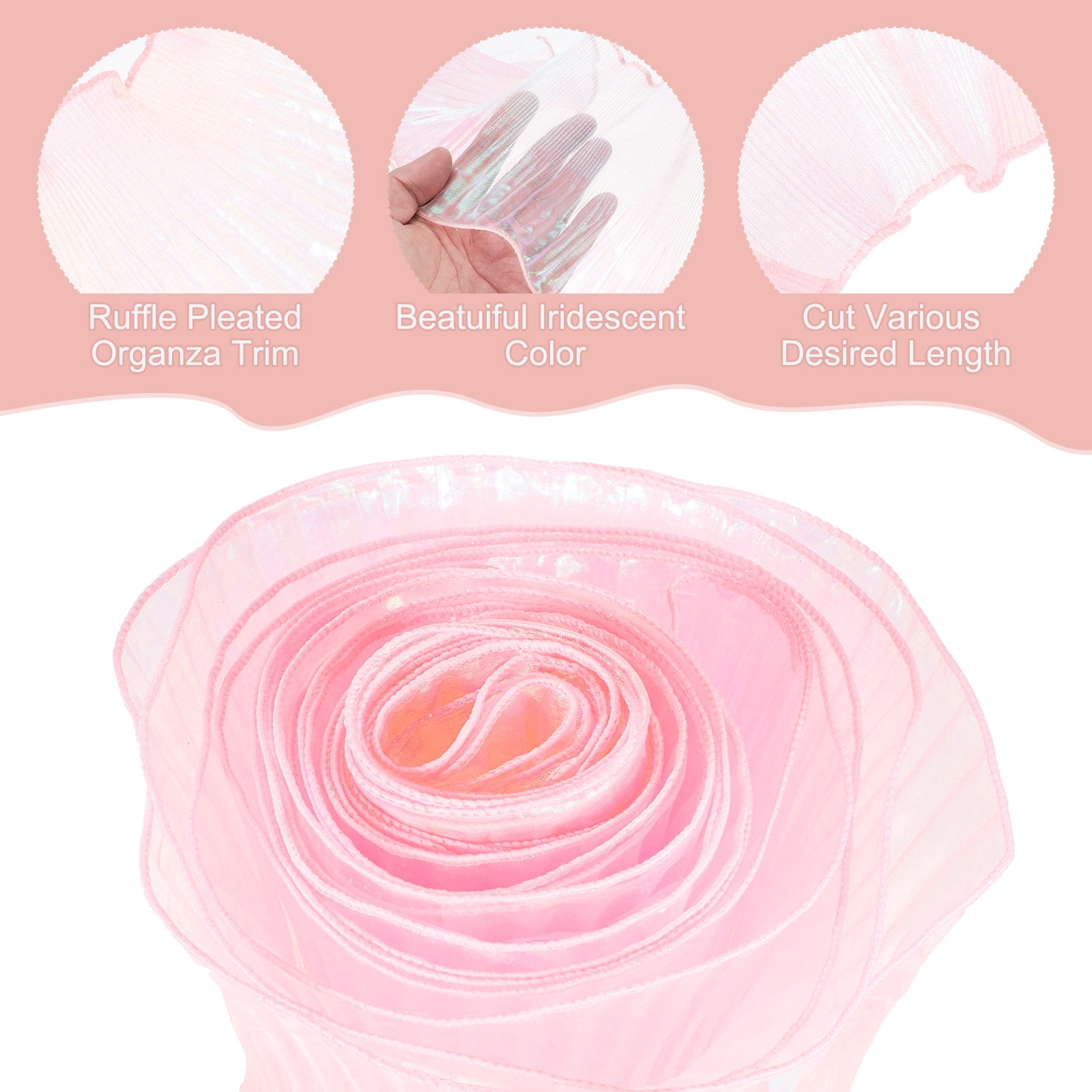 5.5" x 11 Yards Ruffle Pleated Organza Trim Iridescent Pleated Lace Trim Ribbon for DIY Craft Dress Clothing Wedding Gift Home Decoration, Light Pink