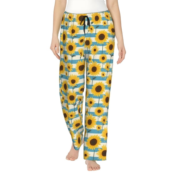 Fotbe White Blue Striped Sunflower Pantalones de Pijama para Mujer, Pantalones de Dormir, Pantalones Pj con Cordón y Bolsillos-XX-Large