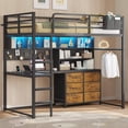 thumbnail image 5 of Metal Loft Bed Twin Size with Desk, 6 Storage Drawers and Bookshelf, Loft Twin Bed Frame with USB Charging Station, LED Lights, Storage Shelf, Full-Length Guardrail & Ladder, Black, 5 of 9