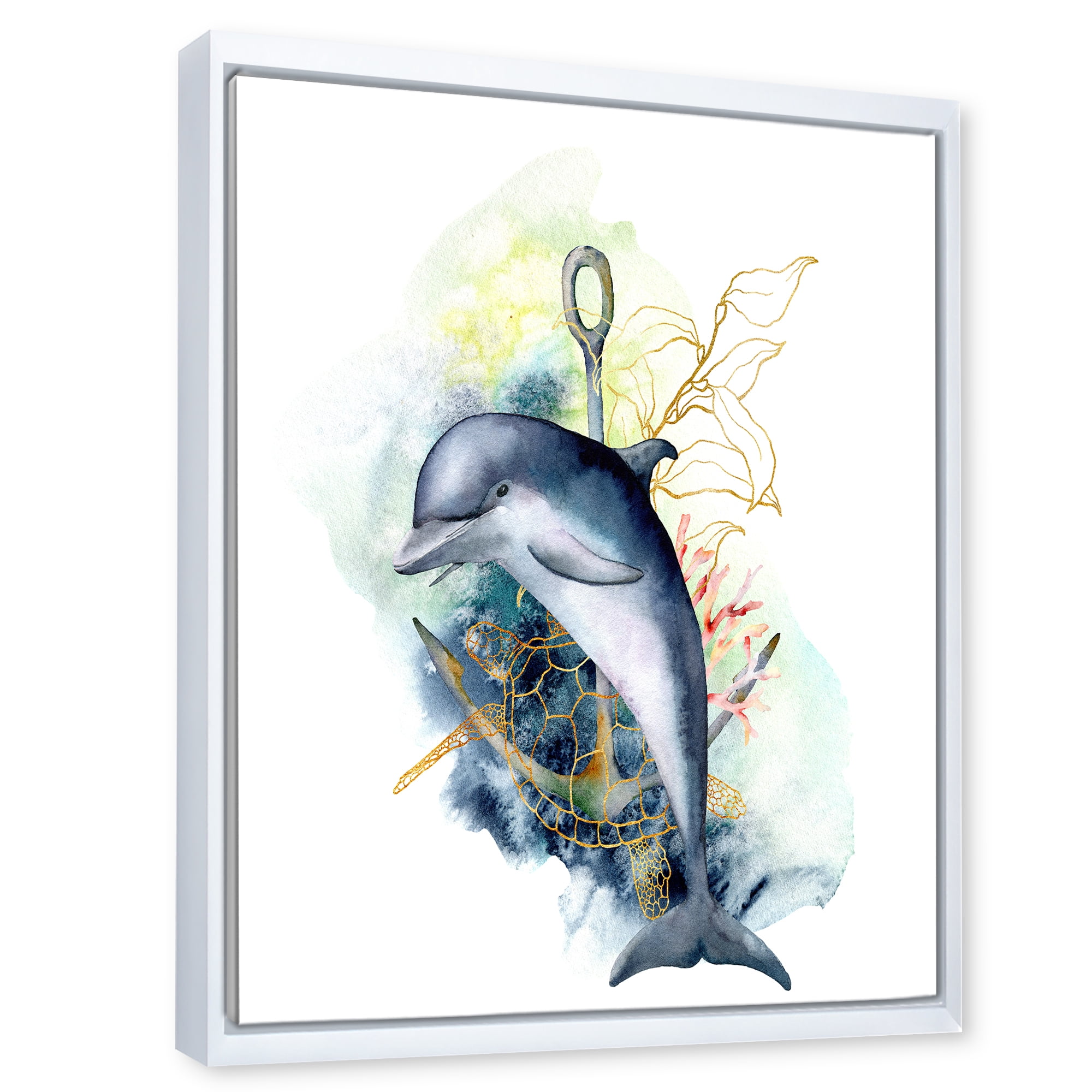 Linear Coral Reef Plants and Dolphin Turtle Anchor 24 in x 32 in Framed Painting Canvas Art Print, by Designart