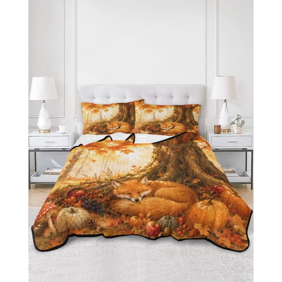 Quilts Queen Size, Fall Fox Soft Comforter Bedding Set for Bed, Retro Country Wildlife Maple Leaves Pumpkins Lightweight Quilted Bedspread with Pillow Cover(2 Pieces) for All Season, 90x96 Inch