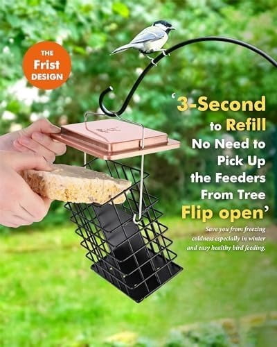 Double Suet Feeder- Metal Roof Bird Feeder with Taller Grid for Woodpeckers, Suet Cake Cage Bird Feeder for Outdoors Hanging,Easy-Clean & Refill,Metal Brushed Copper（Pack of 1）