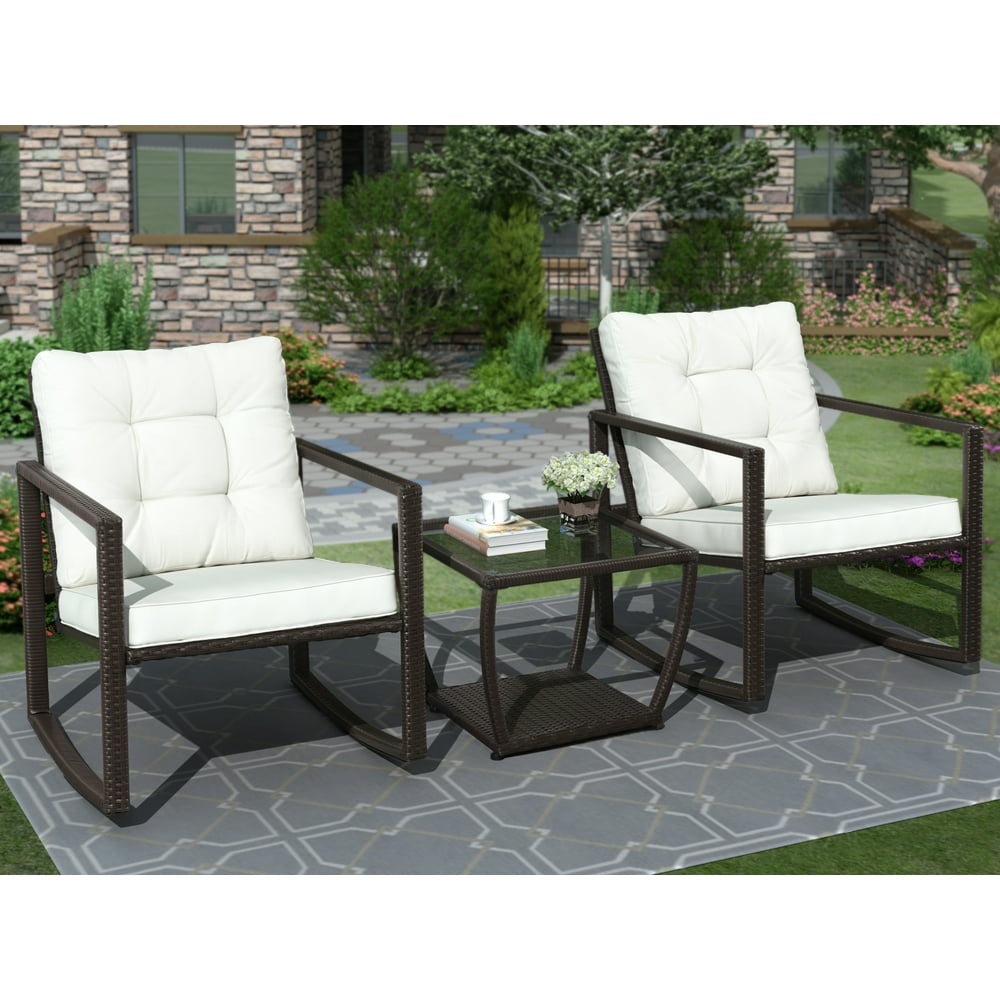 3PCS Patio Rocking Chair Set, BTMWAY Rattan Wicker Rocking Bistro