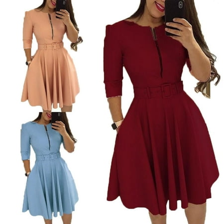 Elegant Casual Dress Women Solid Color Half Sleeve Ruffle Party Dress Summer Elegant Casual Zipper Dresses with Belt ()