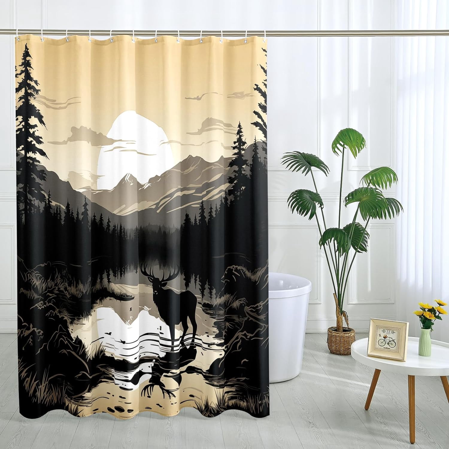 Hunting Deer Shower Curtain Rustic Forest Woodland Shower Curtains Vintage Farmhouse Country Wildlife Cabin Themed Bathroom Decor Polyester Fabric-72" x 72"