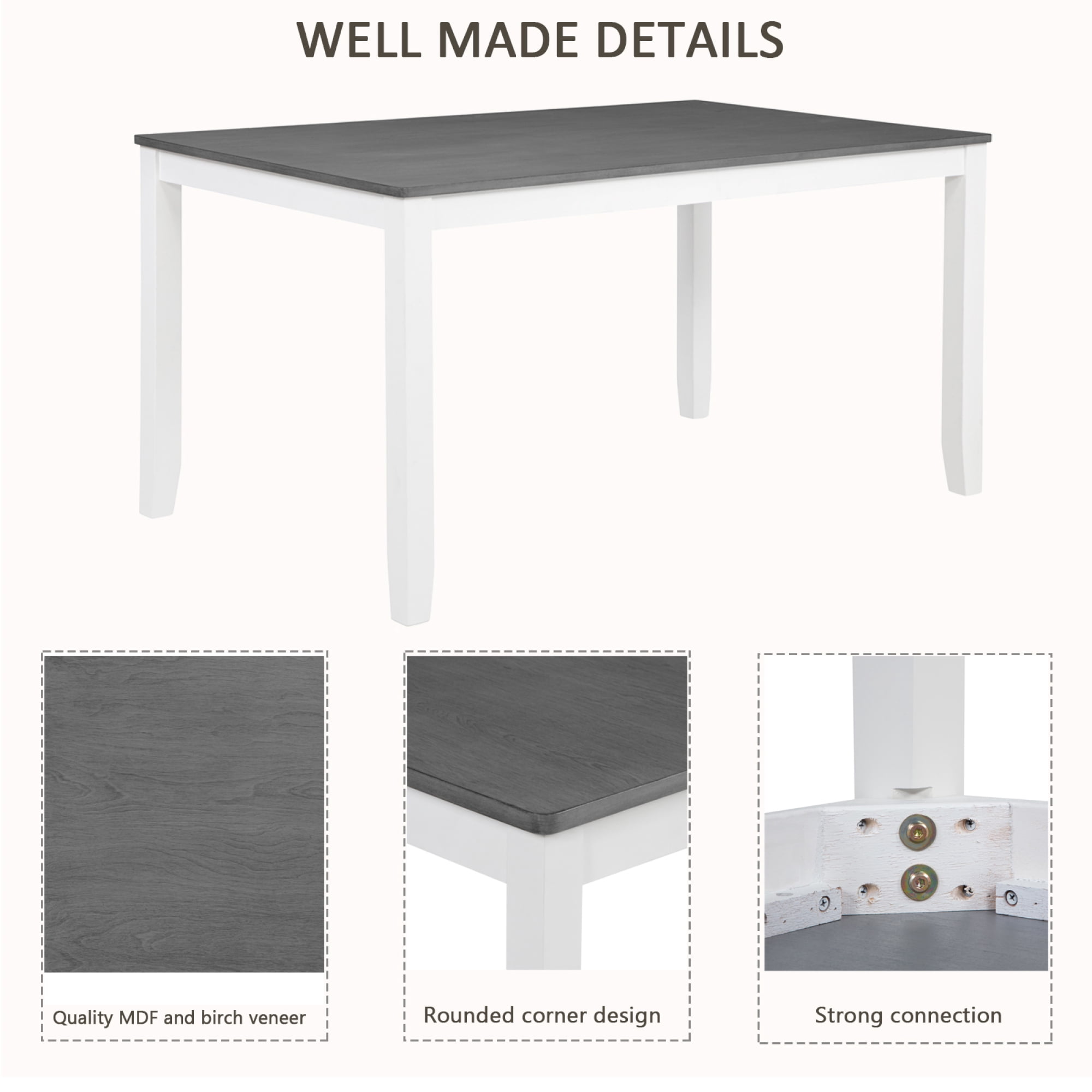 Leumius 6 Pieces Dining Table Set,Wood Dining Table Set with 4 Upholstered Chairs and a Bench,Modern Kitchen Table Set for 6 Person,White+Gray