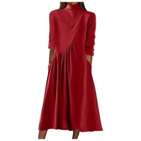 ylioge Wedding Guest Dress Fall 2023  Womens Gowns and Evening Dresses Elegant Casual Loose 3/4 Length Sleeve Mock Neck High Wasit Solid Color with Swing Pleated Hem Maxi Dress Fall Saving Clearance