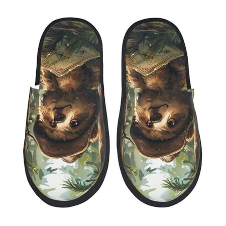 Balery Jungle Hat Bear Slient Indoor Furry Fleece Comfort House Shoes Soft Non-Slip Home Shoes Cotton slippers House Slippers-- Medium