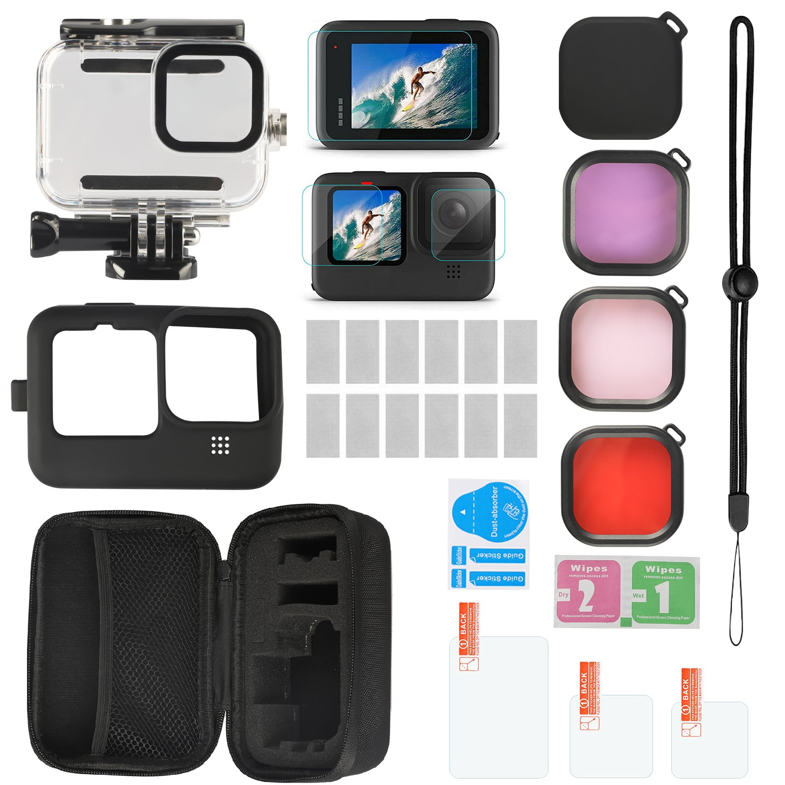 Storage Bag Waterproof Housing Case Diving Filter Kit 6 IN 1 Accessory Kit for GoPro Hero 9 Black Tempered Glass Screen Protector Anti-Fog Inserts for GoPro Hero 9 Black Silicone Frame Case 