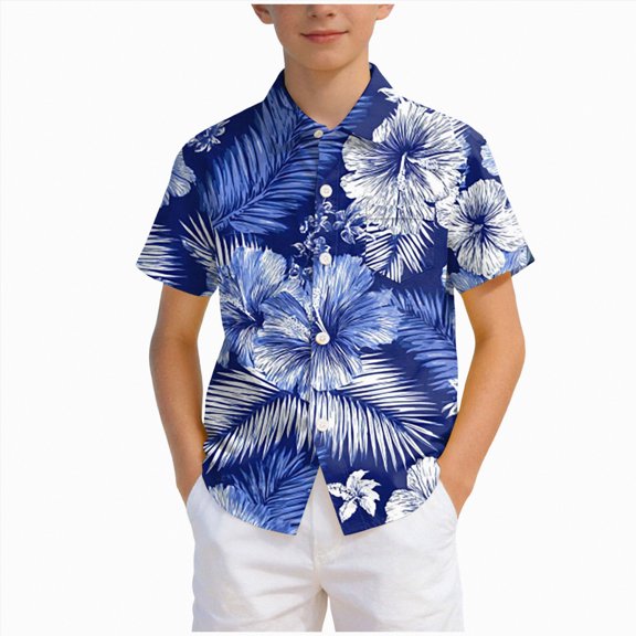 CAICJ98 Boy's Button Down Hawaiian Shirt Kids Short Sleeve Summer Beach Hawaiian Shirts for Boys (Blue,9-10 Years)