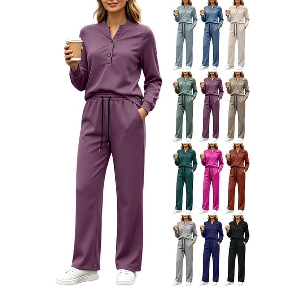 Matching Sets Women Clothing Solid Color Henley Neck Button Top & Drawstring High Waist Wide Leg Pants with Pockets for Daily Wear
