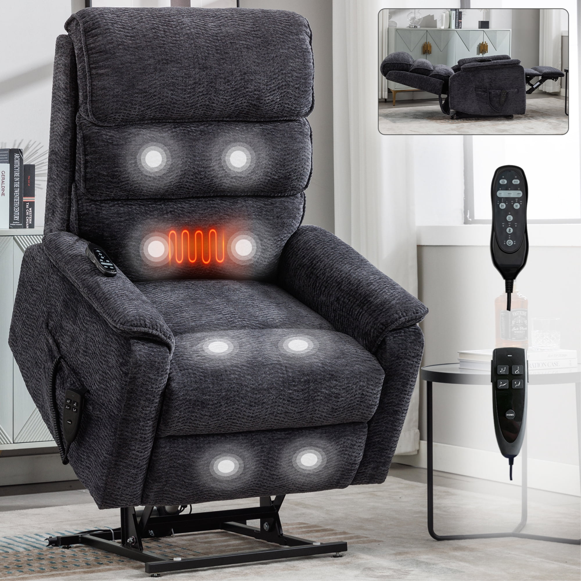 Power Lift Recliner Chair for Elderly, Large Chenille Recliner Chair with Massage and Heat, Overstuffed Wide Recliners with Power-Remote, Up to 350 LBS, Grey