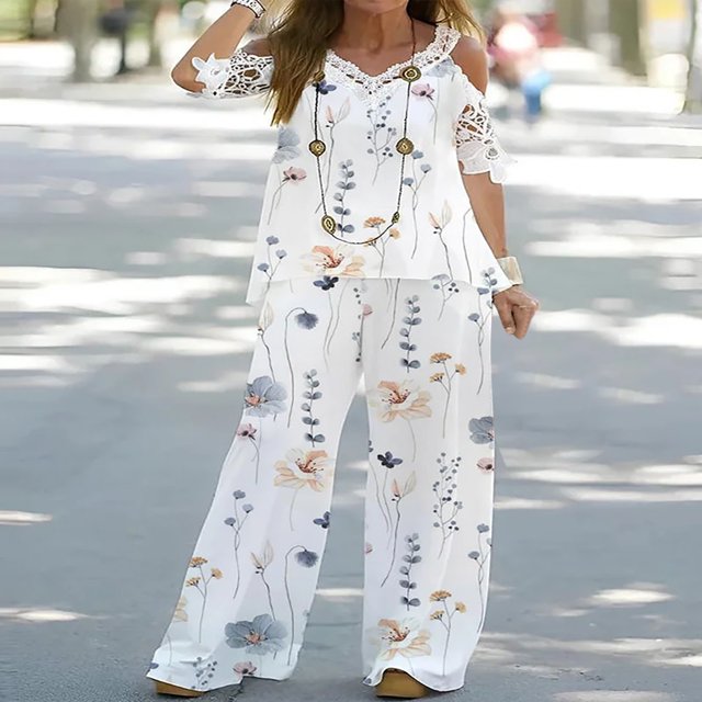 Ichuanyi Liquidación de la mujer Impresión de encaje de encaje Vanla en V blusa de manga corta +cintura elástica traje de pantalones largos ICHUANYI WER202308212486