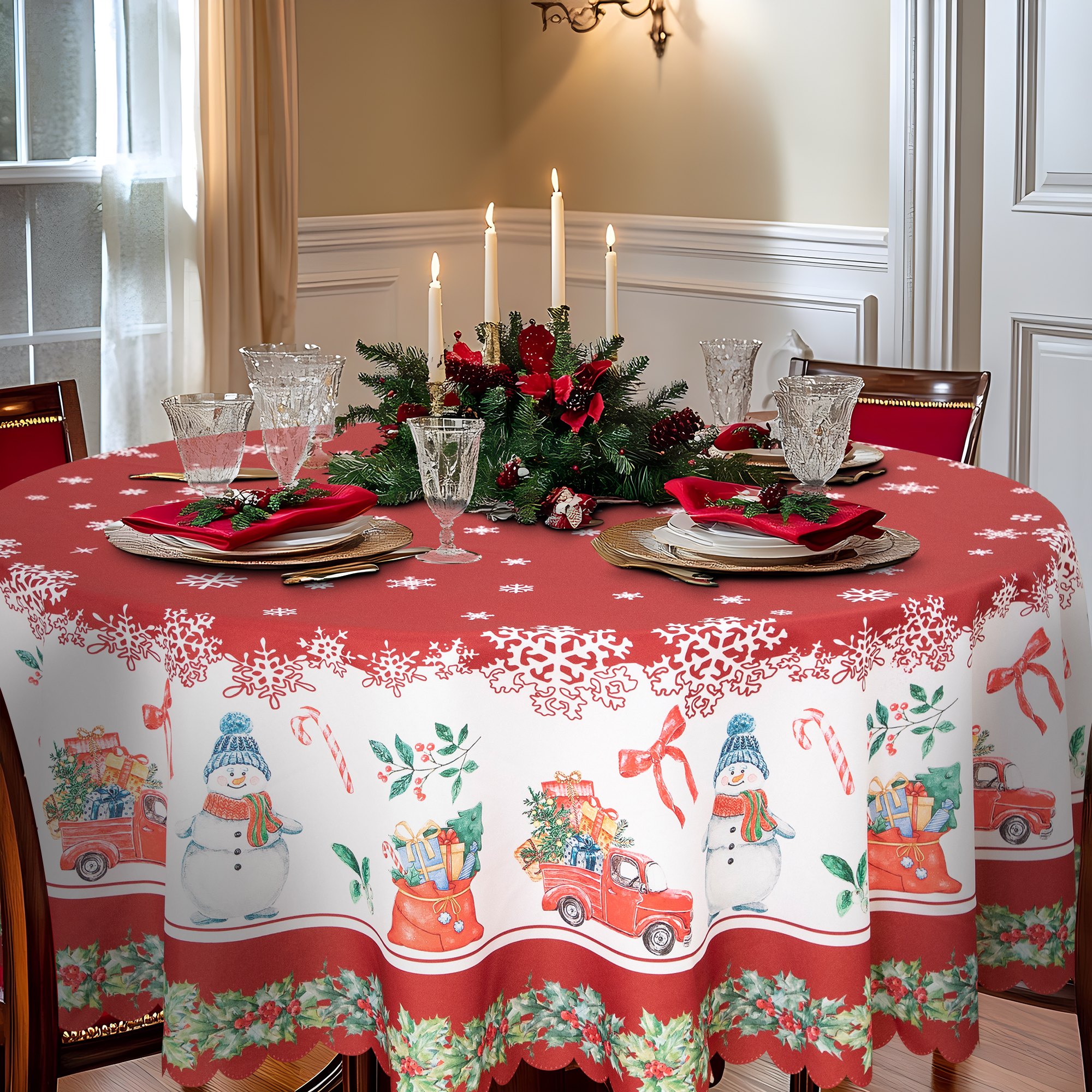 RAY STAR Polyester Christmas Tablecloth 60 inch Round Machine Washable Table Cloths, Thick Can not See Through Heavy Duty Tablecloth