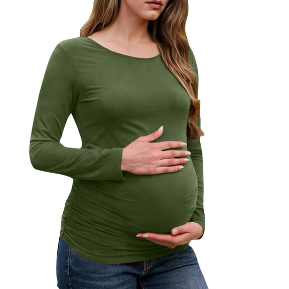 ZVNAΖH Maternity Shirts Long Sleeve Side Ruched Pregnancy Top for Women with Crew Neck Casual Tee Shirts, S-2XL
