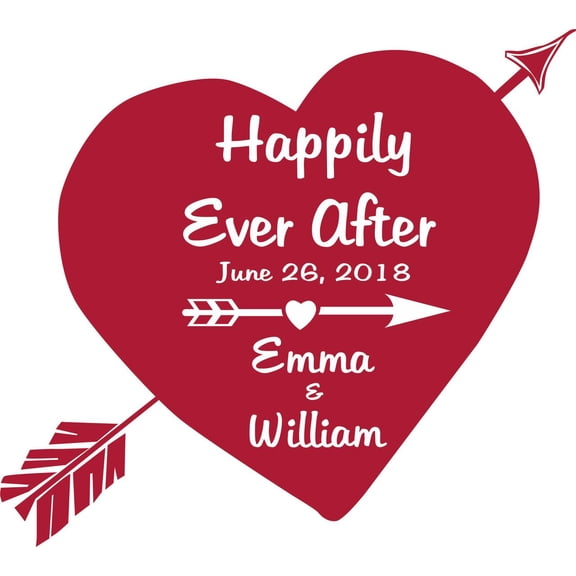Personalized Name Decal Sticker Custom Initial Wall Personalization Happily Ever After Heart Love Quote Marriage Married Engagement Wedding 20X20”