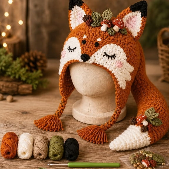 Fantasy Hood Hat DIY Crochet Kit,Complete All-in-One Crochet Set for Beginners,Animal Hood Hat Craft Kit with Premium Yarn and Tools,Handmade Gift for Adults and Teens (A5)