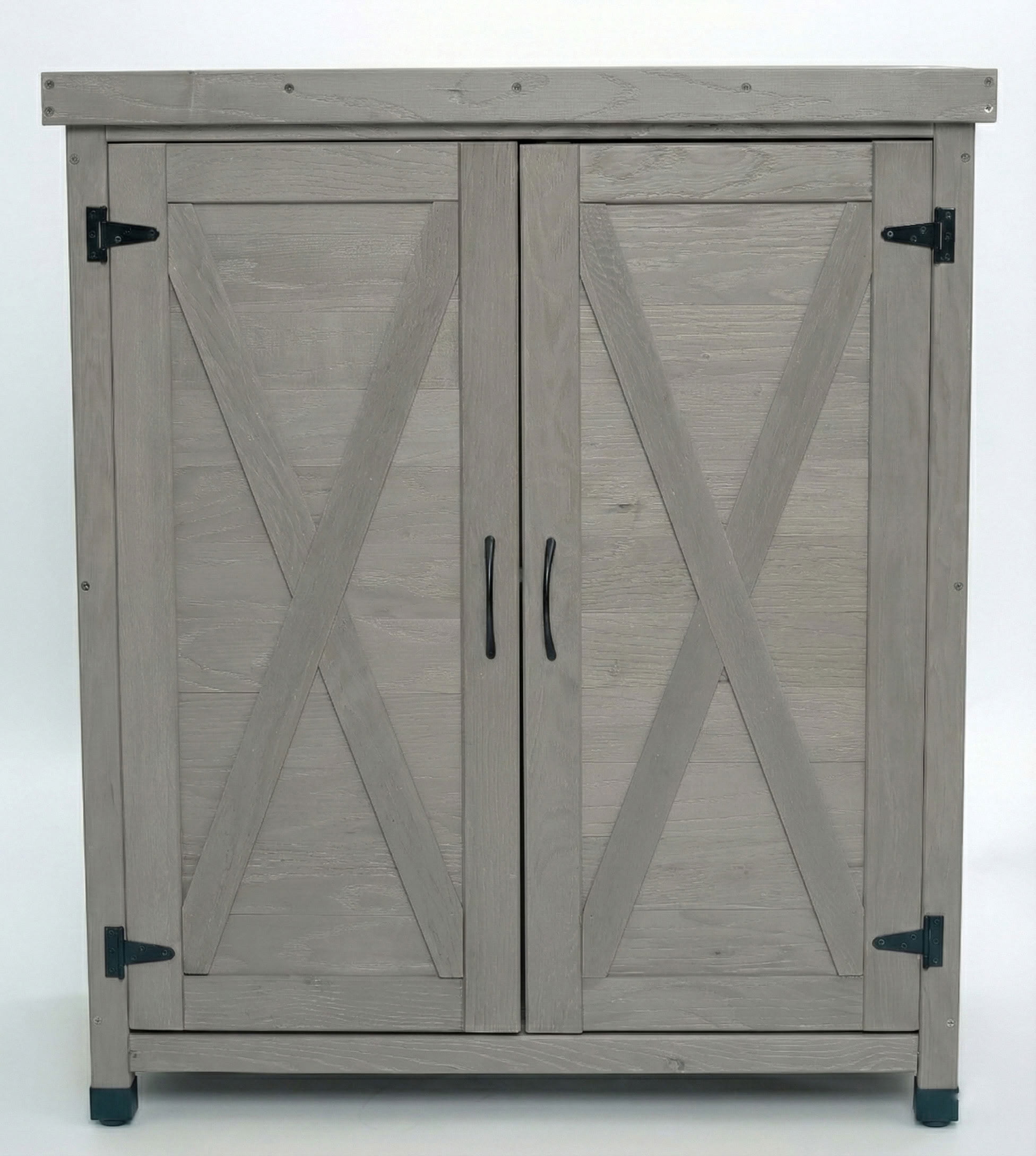MAYEERTY Weatherproof Wood Potting Bench with Metal Table Top, Magnetic Doors, Outdoor Storage Cabinet for Patio, Yard, Balcony, Garage