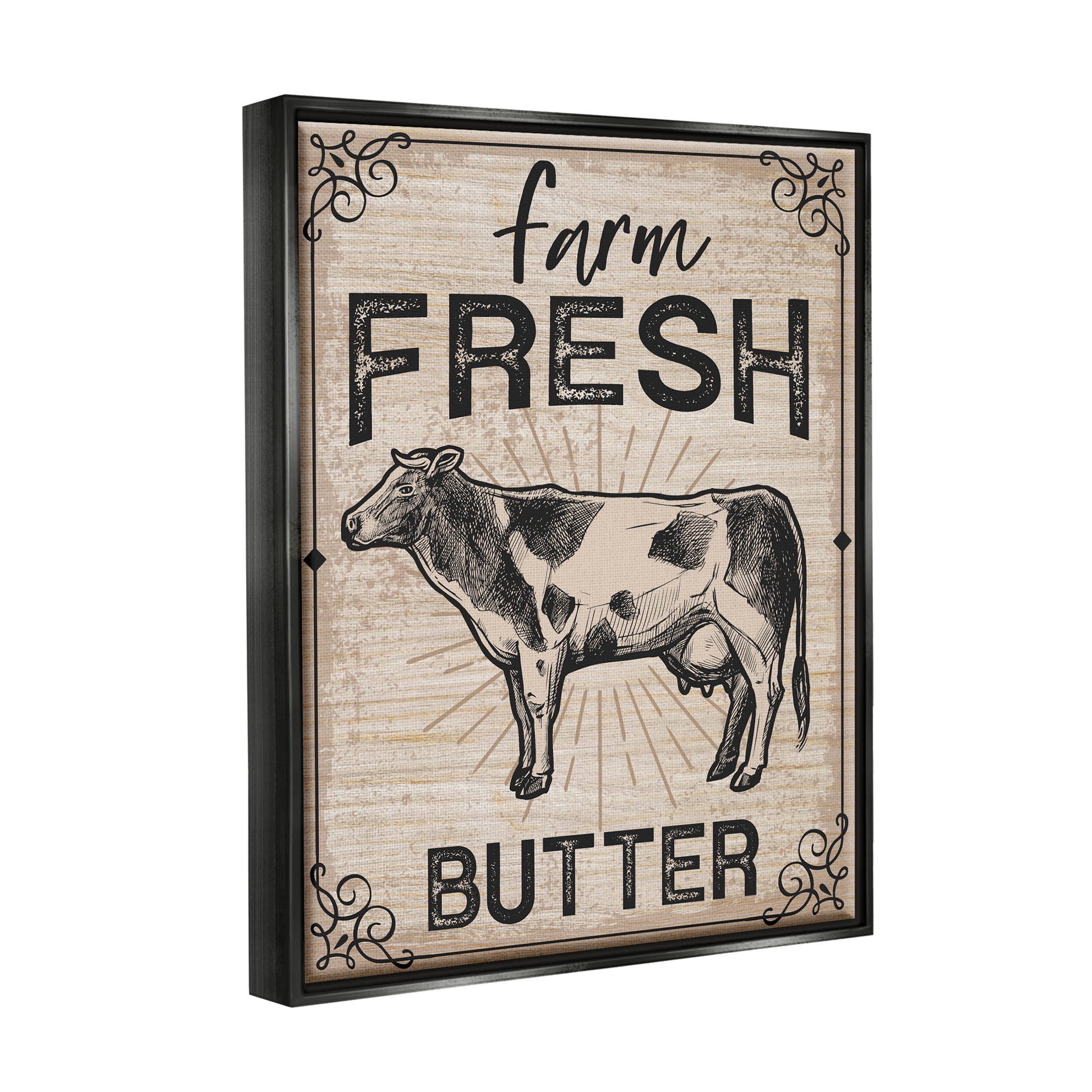 Farm Fresh Butter Vintage Sign Animals & Insects Graphic Art Jet Black Framed Art Print Wall Art