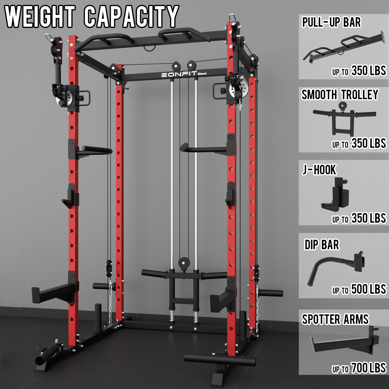 Eonfit E2 Power Cage with 3D Rotation Arms - Multi-Functional Power Rack for Home Gym. 1500lb Squat Rack for Home Gym. Pulley System for Cable Crossover & LAT Pulldown (E2 RED PRO)