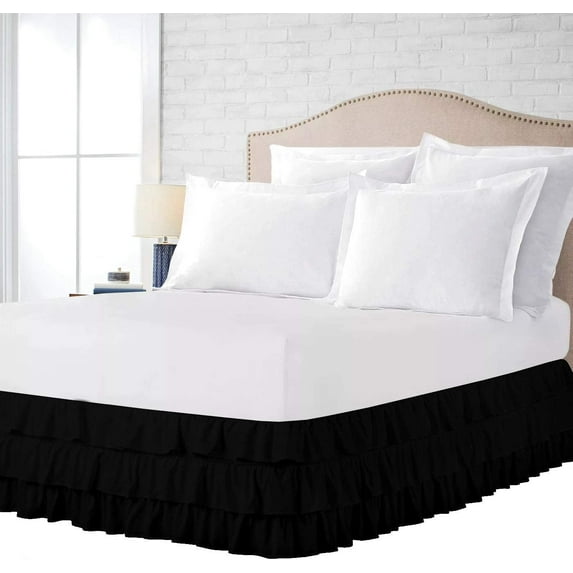 100% Microfiber Multi-Ruffle King Size Bed Skirt (78" x 80") with 15" Tailored Drop Lenght, Easy Fit Ruffle Pattern with Adjustable Elastic & Gathered Styling Bed Frame Cover - Black Solid.