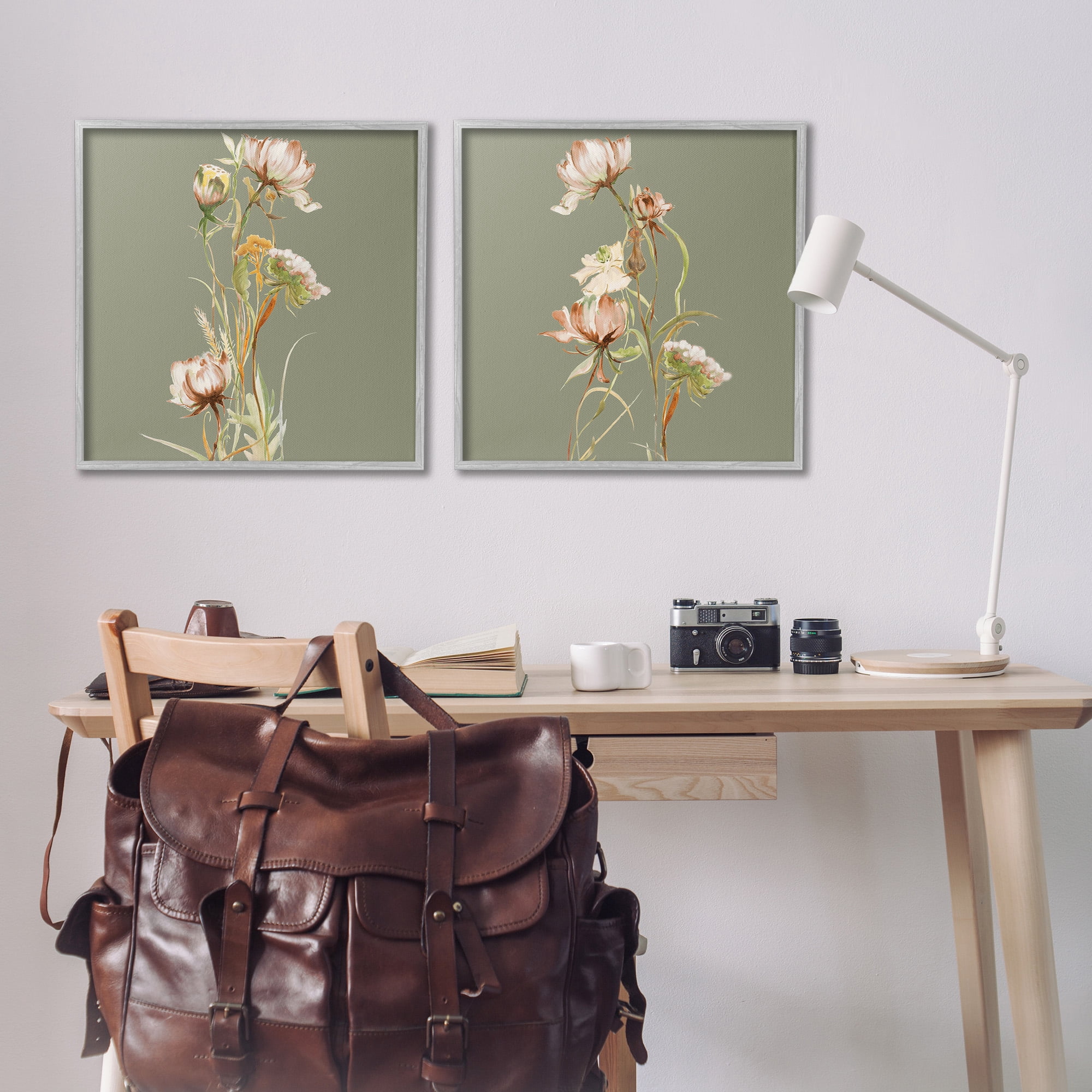 Stupell Industries Classic Blooms on Green Botanical & Floral Painting Gray Framed Art Print Wall Art, 24 x 24, Set of 2