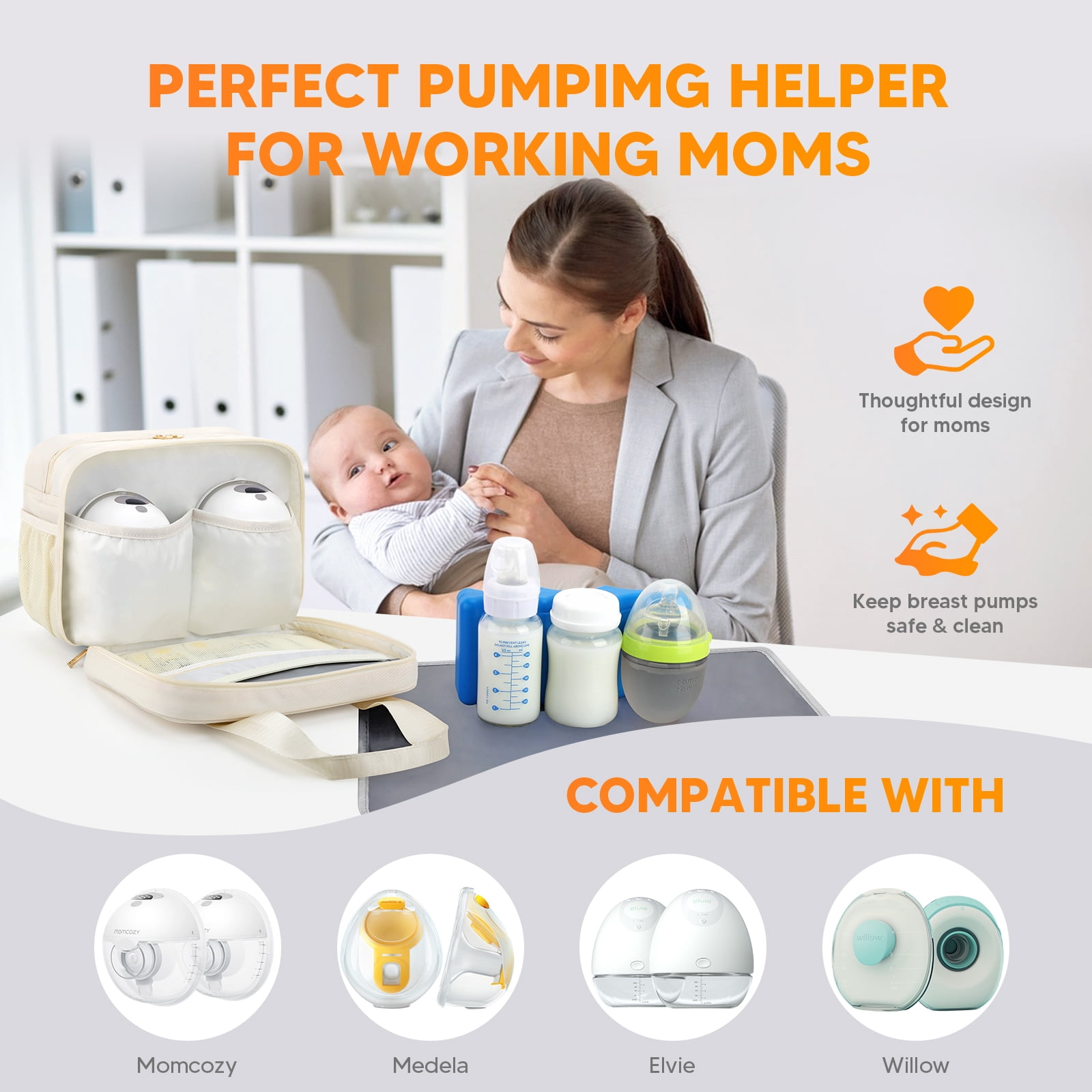 Breastmilk Cooler Travel Bag with Ice Pack, Compatible with Wearable Breast Pumps & Accessories - Portable Hands Free Breast Pump Carrying Case for Nursing & Working Moms, Cream