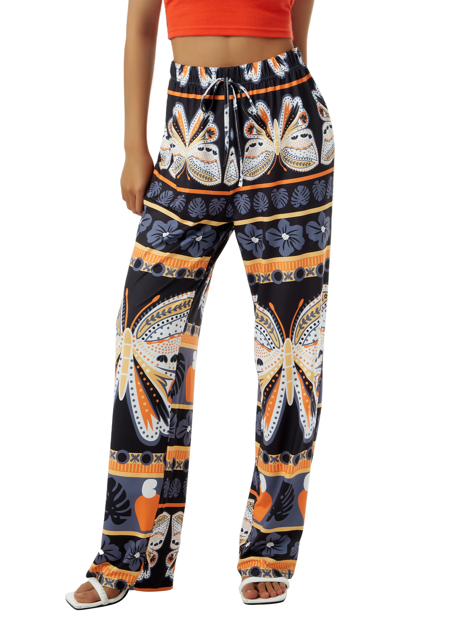 Caitzr Women Casual Wide-Leg Pants High Waist Butterfly Print Straight Leg  Trousers with Drawstring