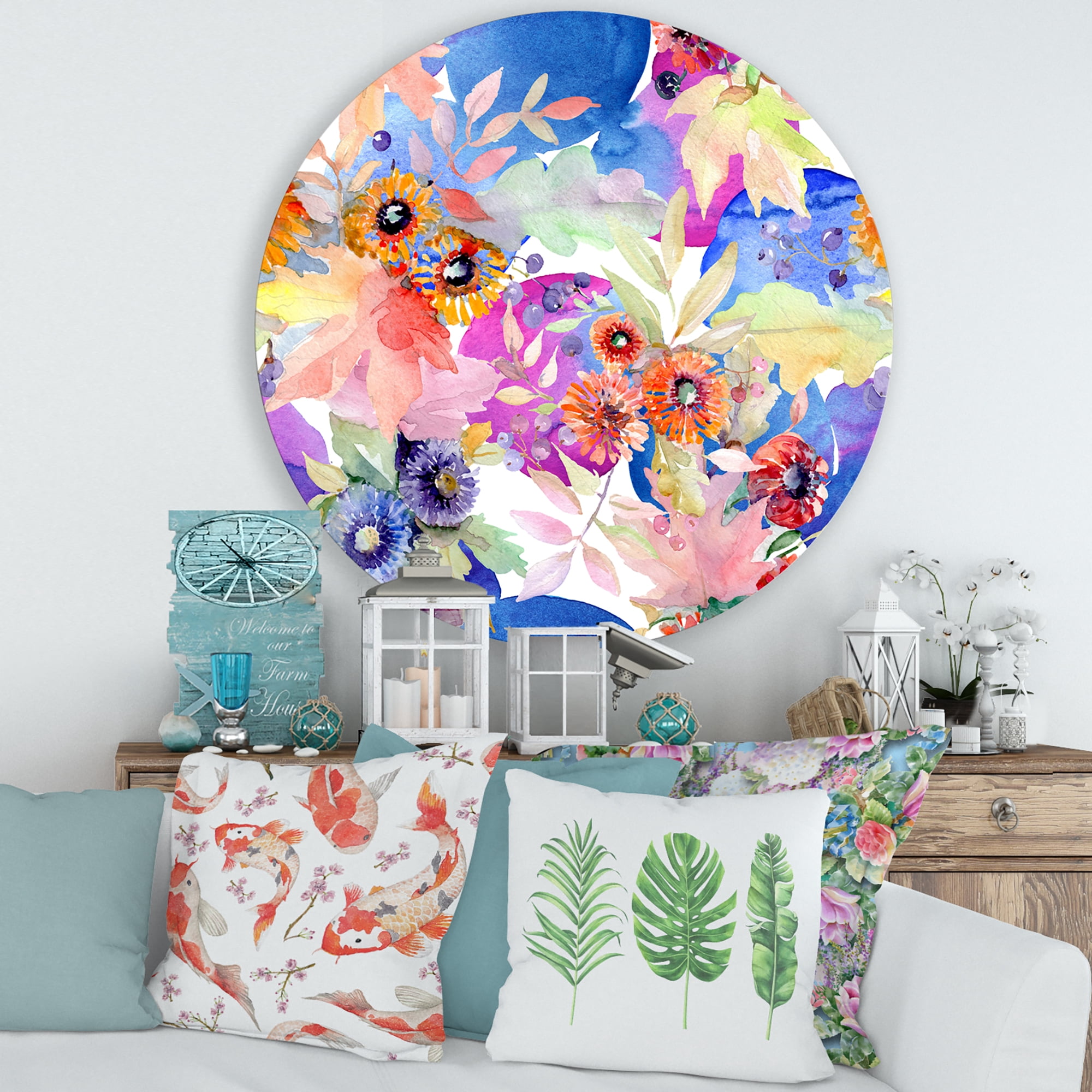 Designart 'Wildflowers and Vibrant Wild Spring Leaves IV' Modern Circle Metal Wall Art 29x29 - Disc of 29