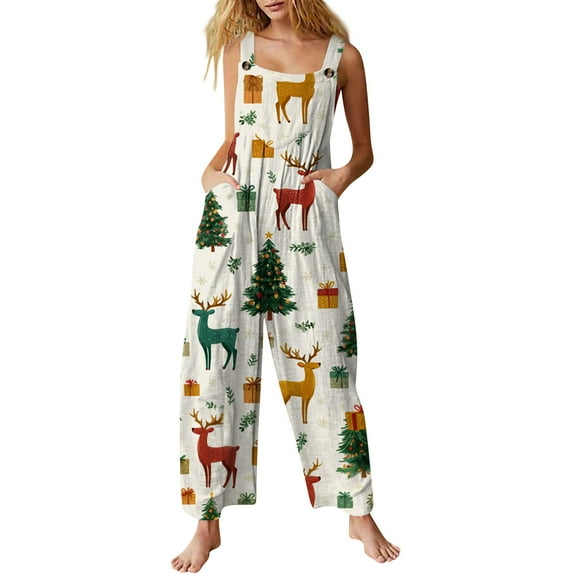 Women's Casual Loose Jumpsuit with Christmas Print, Army Green, Size L