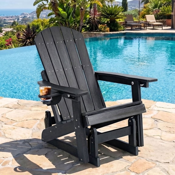DEAUL HDPE Adirondack Outdoor Glider Chair, 3-Position Adjustable Backrest Patio Glider Rocker, All-Weather Heavy Duty Rocking Chair for Pool, Yard, Black (1 Pack)