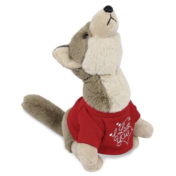 DolliBu I LOVE YOU Super Soft Howling Wolf Plush- Cute Wolf Plush Stuffed Animal with I Love You Red Shirt For Valentine, Anniversary, Romantic Date, Boyfriend, or Girlfriend Gift - 10.5 Inches