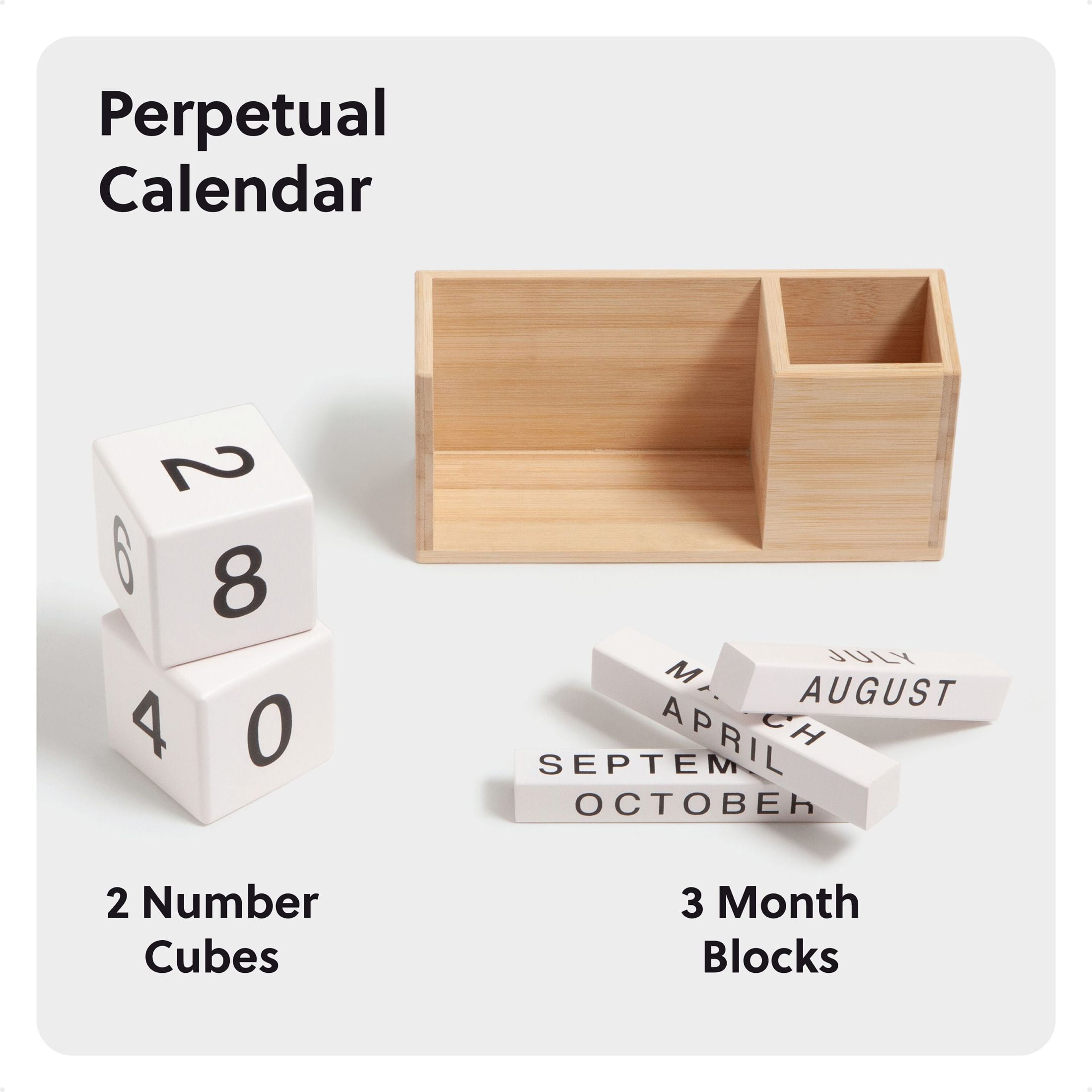 U Brands Bamboo Desktop Perpetual Block Calendar and Pencil Cup, 8.4 x 2.8 x 3.6 in.