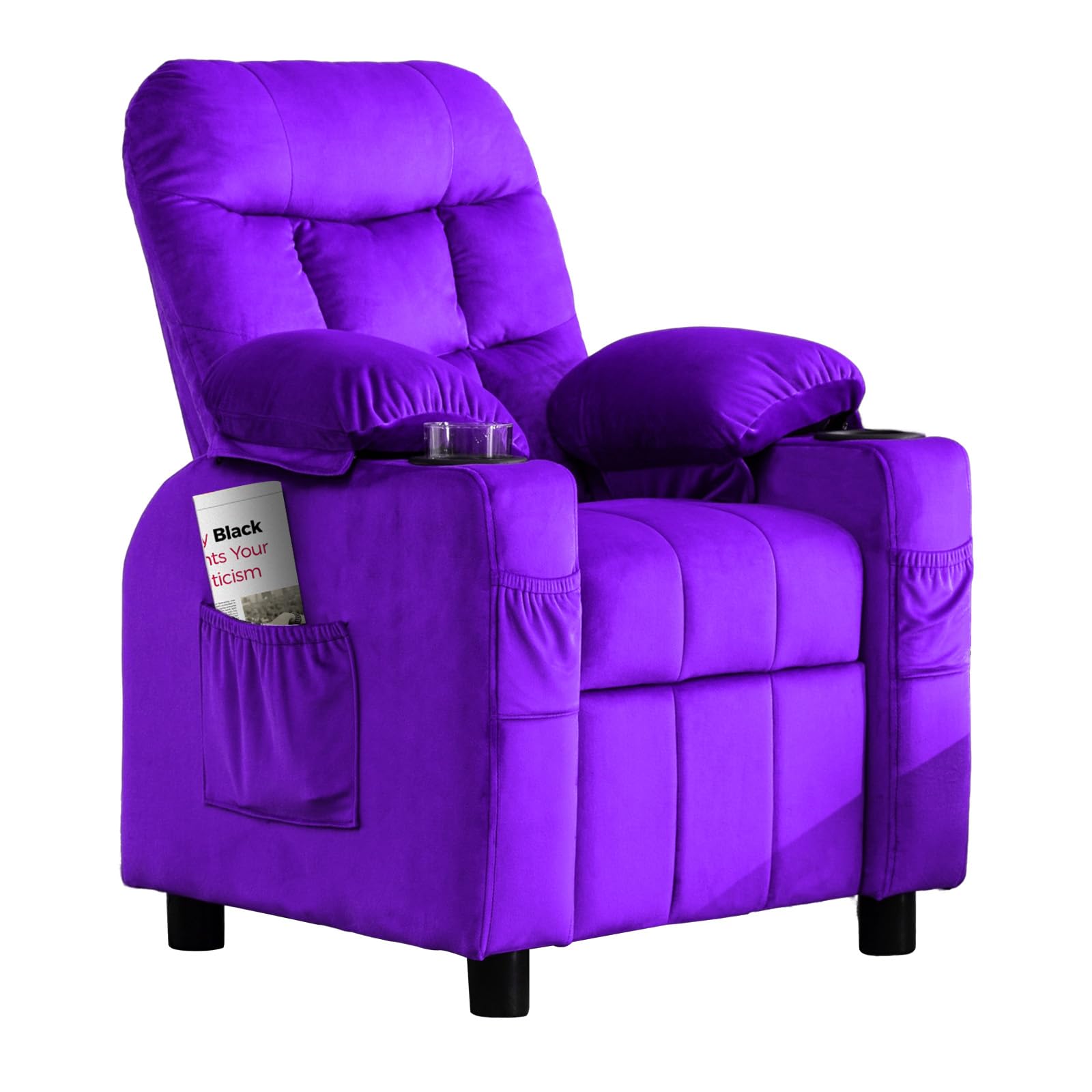 Linor Kids Recliner Chair, Adjustable Velvet Lounge with Cup Holder, Footrest, Side Pockets, Purple