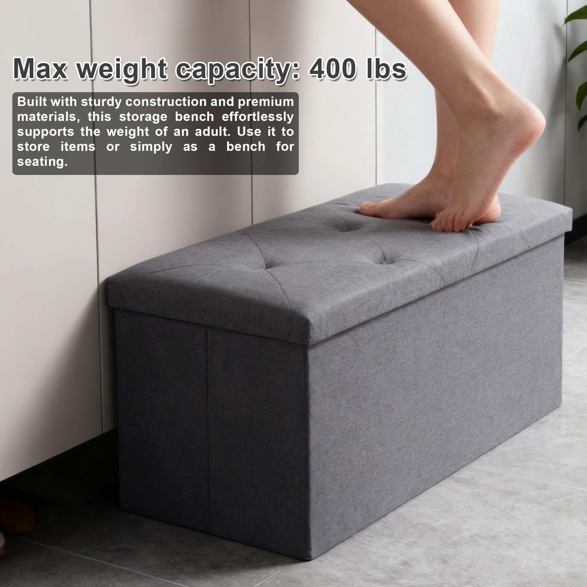 43" Storage Ottoman Bench, Folding Storage Bench Ottoman with Lid, 400 lbs Capacity, Fabric Seat Footrest for Bedroom Living Room Entryway, Grey