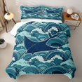 thumbnail image 2 of Manfei Cartoon Manta Ray Quilt King, Anime Ocean Wave King Coverlet Set, Teal Blue, 3pcs, 1 Bedspread and 2 Pillowcases, 2 of 7