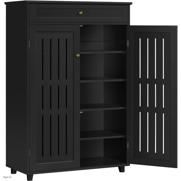 Yaheetech Tall Black Shoe Cabinet, Freestanding Shoe Organizer with Drawer, Open Shelves & Louvered Doors for Entryway
