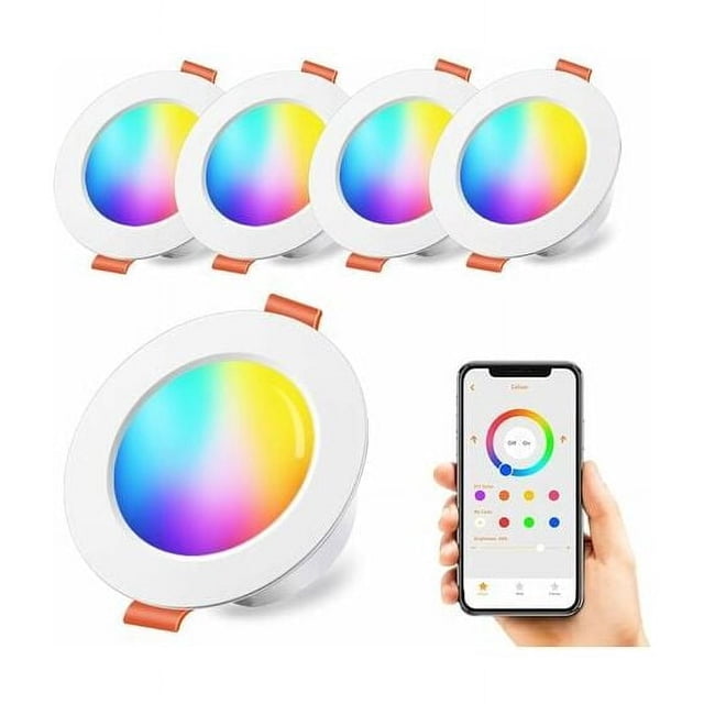 Ensemble de Projecteurs Encastrés LED RGB, 10W, Changement de Couleur & Réglable, 3 Pouces IP44, Blanc Chaud 2700K, Rond, Contrôlé par Application, Lot de 4