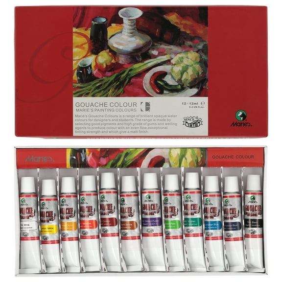 Marie's Artist Gouache Paint Sets - Highly Pigmented Gouache for Painting, Artists, Illustrators & Designers - Set of 12 Assorted Color Tubes (12mL/0.4oz)