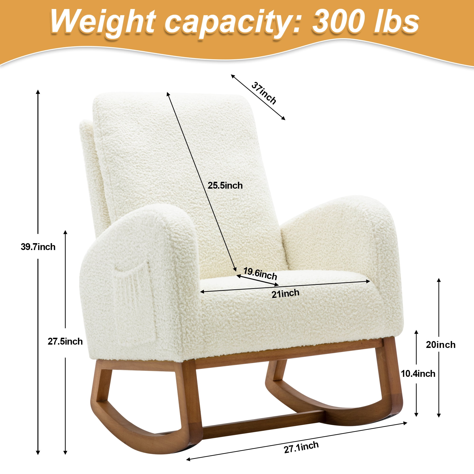 Lunale Rocking Chair for Nursery, High Back Adults Glider Rocker for Living Room, White Teddy
