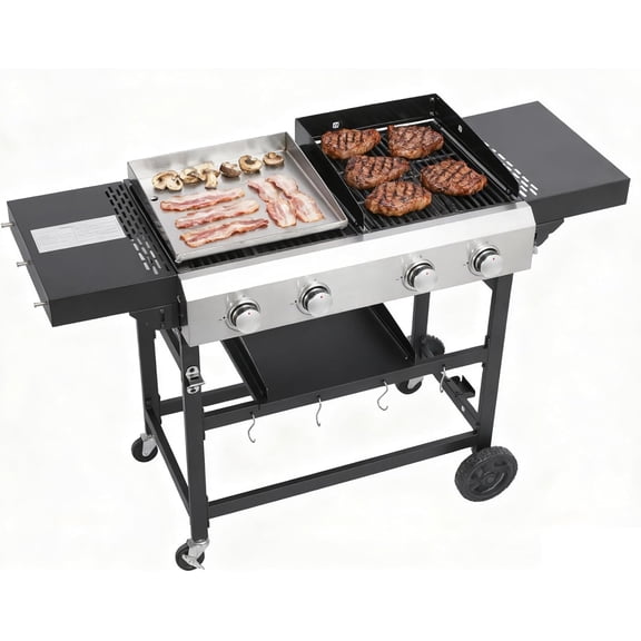 4-Burner Propane Gas BBQ Grill with Stainless Steel Plancha, 38240 BTU Output Stainless Steel Gas Grill w/Cast Iron Grating Mesh, & Foldable Side Table, Hanging Basket for Outdoor & Garden