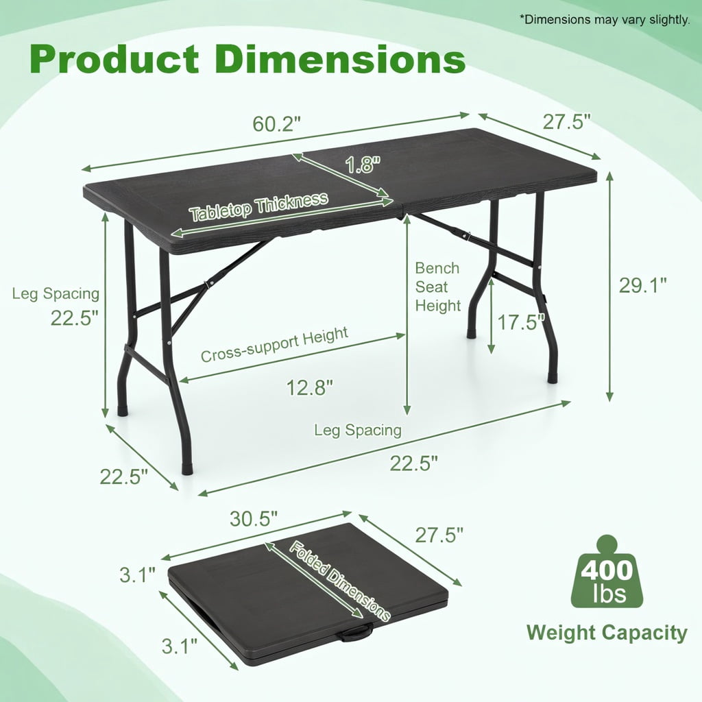 Hommoo 5FT Foldable Picnic Table with Wood-Grain HDPE Top, Non-Slip Feet & Reinforced Steel Frame, Outdoor/Indoor Table for 4-6 People, Black
